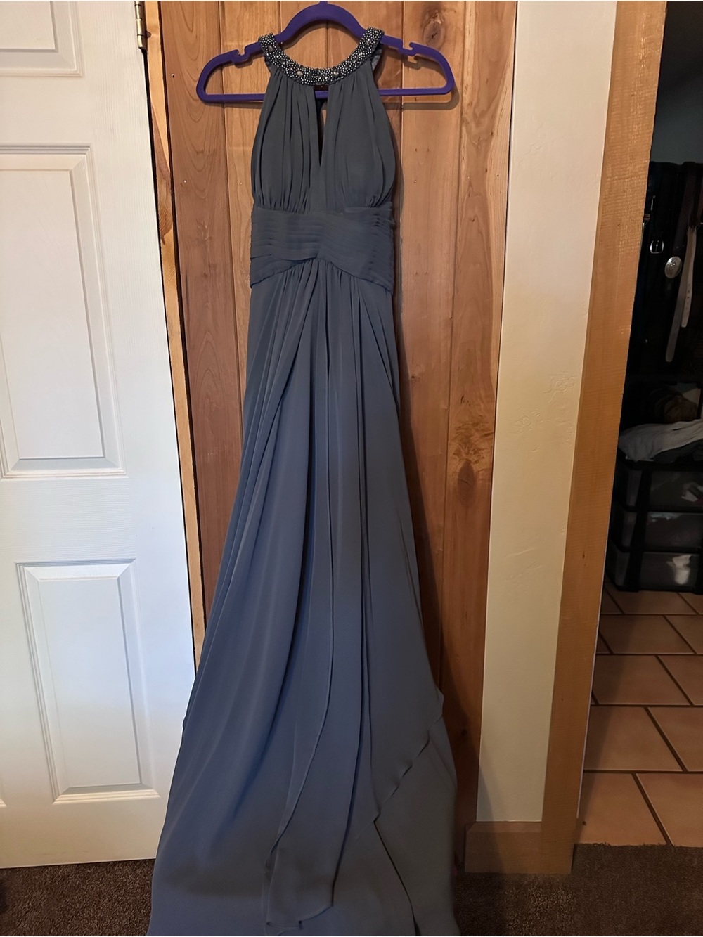 Eliza J Beaded Halter Slate Blue Chiffon Maxi Dress